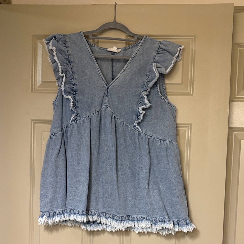 Umgee Light Blue Denim Ruffle Sleeveless Top